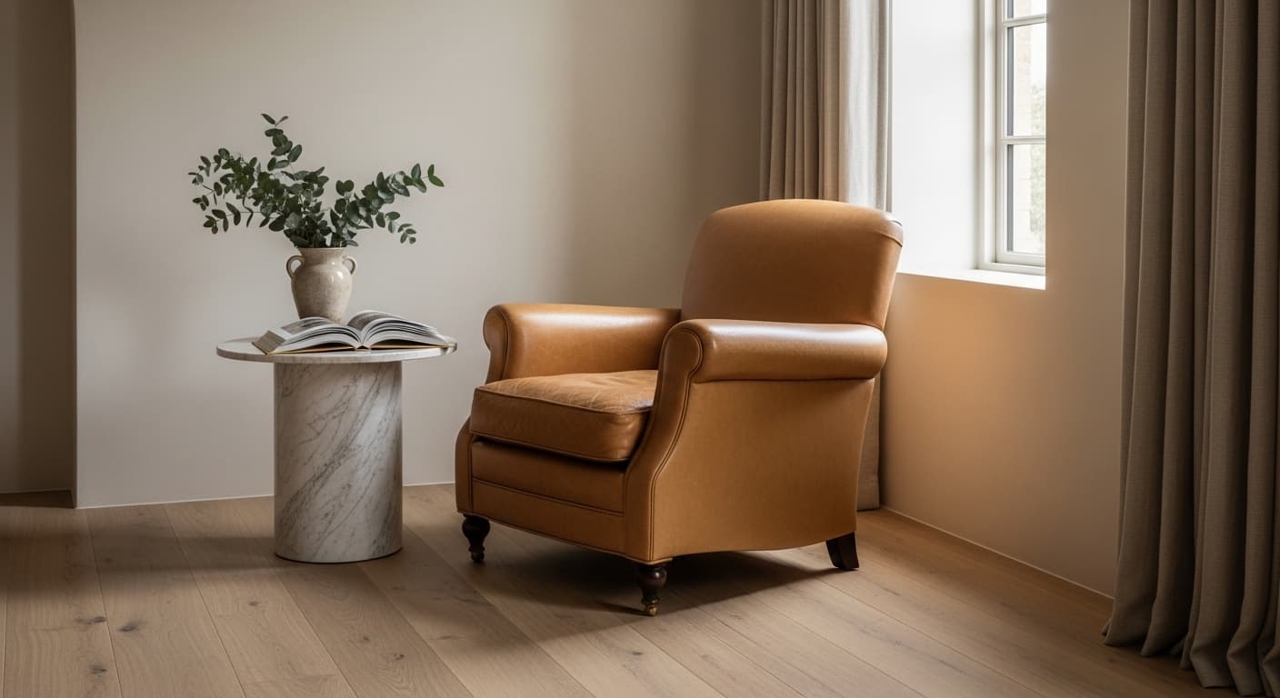 A leather chair and marble side table inside an Aldercrest residence